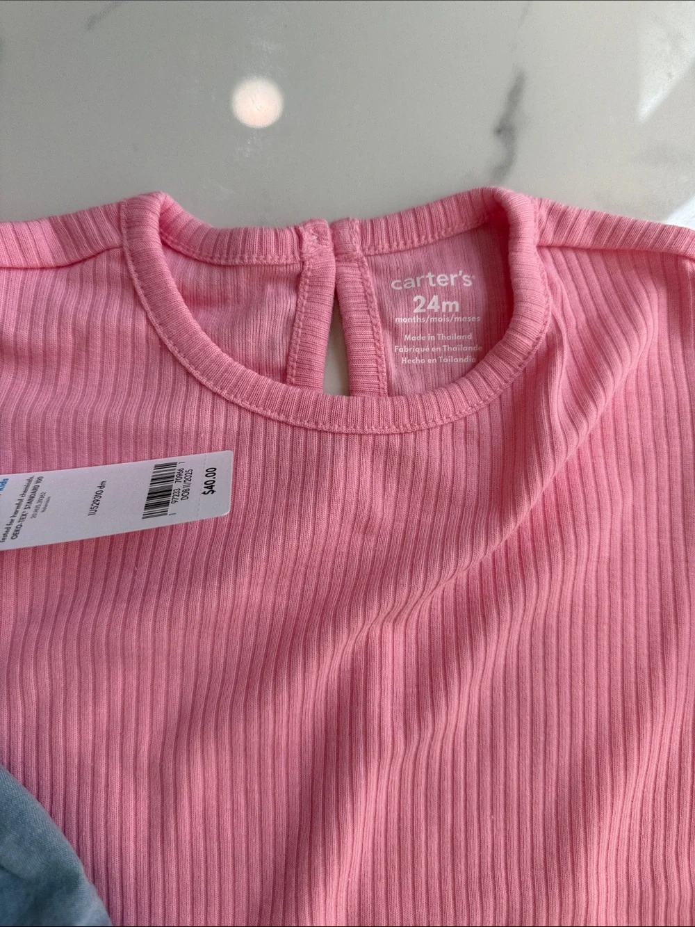 NWT Carter's Pink & Denim Ruffle Romper Set with Cherry Embroidery